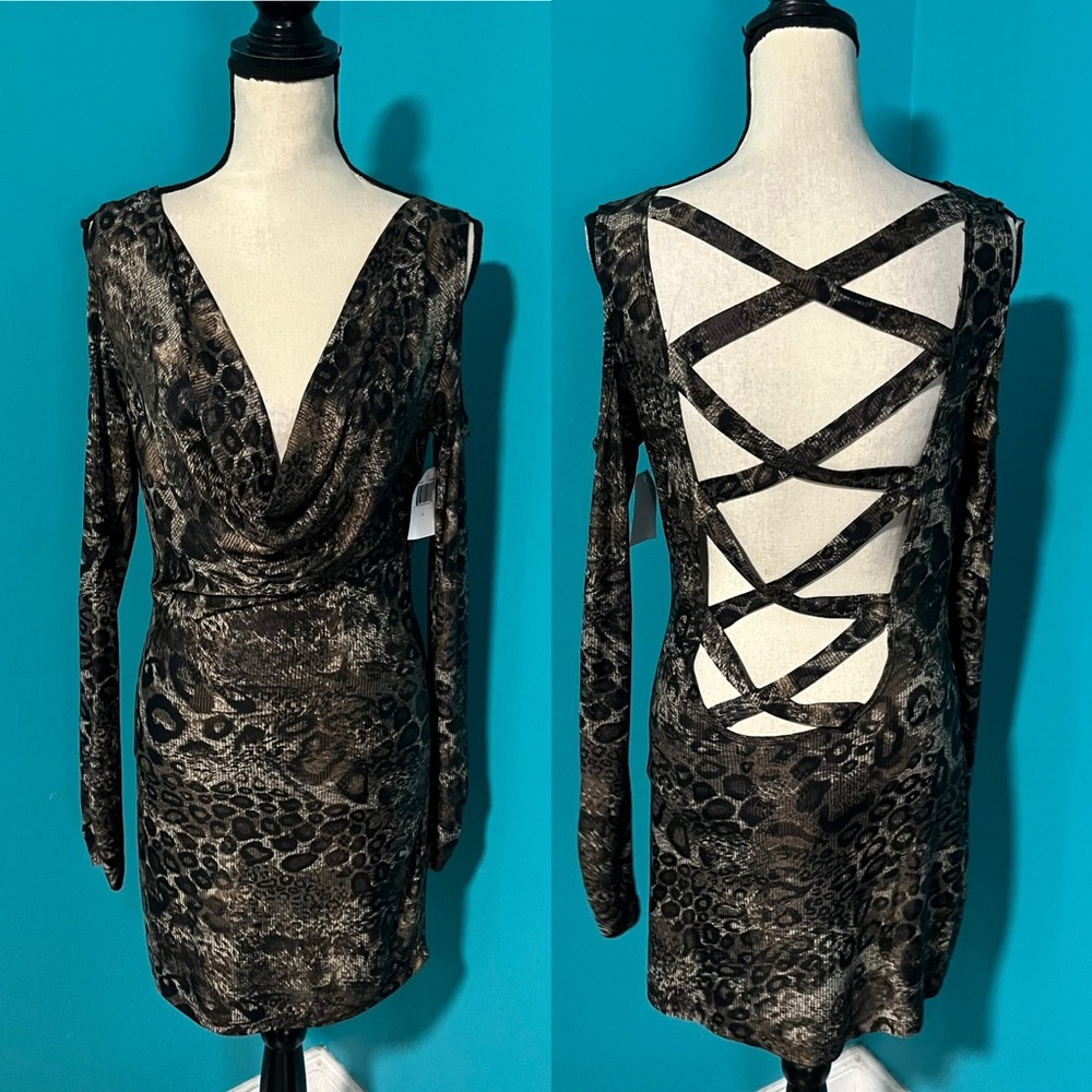 NWT Sugar & Spice L Brown Animal Print Long Sleeve Slinky Open Back Dress